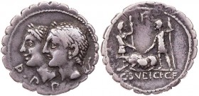RÖMISCHE REPUBLIK
C. Sulpicius Galba, 106 v. Chr. AR-Denar (Serratus) Rom Vs.: D·P·P, gestaffelte Köpfe der Dei Penates n. l., Rs.: zwei Krieger mit ...