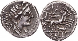RÖMISCHE REPUBLIK
C. Allius Bala, 92 v. Chr. AR-Denar Rom Vs.: weiblicher Kopf mit Diadem n. r., dahinter BALA, unter dem Kinn Kontrollmarke, Rs.: Di...