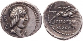 RÖMISCHE REPUBLIK
L. Calpurnius Piso Frugi, 90 v. Chr. AR-Denar Rom Vs.: Kopf des Apollo mit Lorbeerkranz n. r., dahinter und unter dem Kinn Kontroll...