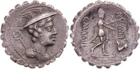 RÖMISCHE REPUBLIK
C. Mamilius Limetanus, 82 v. Chr. AR-Denar (Serratus) Rom Vs.: Büste des Mercur mit geflügeltem Petasus und Caduceus n. r., Rs.: C ...