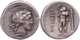 RÖMISCHE REPUBLIK
L. Marcius Censorinus, 82 v. Chr. AR-Denar Rom Vs.: Kopf des Apollo mit Lorbeerkranz n. r. Rs.: L·CENSOR, Marsyas steht mit Weinsch...