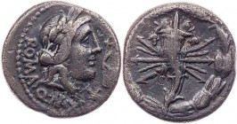 RÖMISCHE REPUBLIK
Q. Fabius Maximus, 82-80 v. Chr. AR-Denar Rom Vs.: Kopf des Apollo mit Lorbeerkranz n. r., dahinter ROMA, davor Lyra und Wertzeiche...