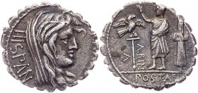 RÖMISCHE REPUBLIK
A. Postumius Albinus, 81 v. Chr. AR-Denar (Serratus) Rom Vs.: Kopf der Hispania capite velato n. r., dahinter HISPAN, Rs.: POST A F...
