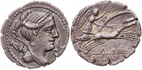 RÖMISCHE REPUBLIK
Ti. Claudius Ti. f. Ap. n., 79 v. Chr. AR-Denar (Serratus) Rom Vs.: Büste der Diana mit Köcher und Bogen n. r., davor S·C, Rs.: Vic...