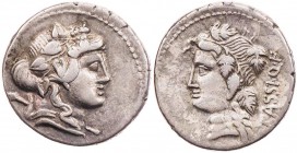 RÖMISCHE REPUBLIK
L. Cassius Q. f. Longinus, 78 v. Chr. AR-Denar Rom Vs.: Kopf des Liber mit Efeukranz n. r., über der Schulter Thyrsus, Rs.: [L·] CA...