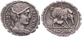 RÖMISCHE REPUBLIK
C. Hosidius Geta, 64 v. Chr. AR-Denar (Serratus) Rom Vs.: GETA - III·VIR, drapierte Büste der Diana mit Köcher und Bogen n. r., Rs....