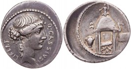 RÖMISCHE REPUBLIK
Q. Cassius Longinus, 55 v. Chr. AR-Denar Rom Vs.: Q·CASSIVS / LIBERT, Kopf der Libertas n. r., Rs.: Rundtempel der Vesta, darin sel...