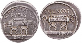 RÖMISCHE REPUBLIK
Q. Pompeius Rufus, 54 v. Chr. AR-Denar Rom Vs.: Q · POMPEI · Q·F / RVFVS / COS, Sella curulis zwischen Pfeil und Lorbeerzweig, Rs.:...