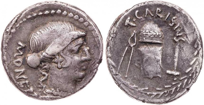 RÖMISCHE REPUBLIK
T. Carisius, 46 v. Chr. AR-Denar Rom Vs.: MONET[A], Kopf der ...