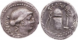 RÖMISCHE REPUBLIK
T. Carisius, 46 v. Chr. AR-Denar Rom Vs.: MONET[A], Kopf der Iuno Moneta n. r., Rs.: T·CARISIVS, Münzprägewerkzeuge, alles in Lorbe...