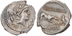 RÖMISCHE REPUBLIK
L. Papius Celsus, 45 v. Chr. AR-Denar Rom Vs.: TRIVMPVS, Kopf mit Lorbeerkranz n. r., dahinter Tropaeum, Rs.: CELSVS · III VIR / L·...