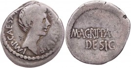 IMPERATORISCHE PRÄGUNGEN
Octavianus mit Agrippa AR-Denar 38 v. Chr. Heeresmzst. Vs.: IMP. CAESAR DIVI IVLI · F, Kopf n. r., Rs.: M · AGRIPPA [COS] / ...