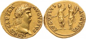 RÖMISCHE KAISERZEIT
Nero, 54-68 n. Chr. AV-Aureus 64-66 n. Chr. Rom Vs.: NERO CAESAR AVGVSTVS, Kopf mit Lorbeerkranz n. r., Rs.: AVGVSTVS - AVGVSTA, ...