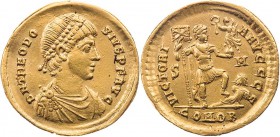 RÖMISCHE KAISERZEIT
Theodosius I., 379-395 n. Chr. AV-Solidus 393-395 n. Chr. Sirmium, 6. Offizin Vs.: D N THEODO-SIVS P F AVG, gepanzerte und drapie...