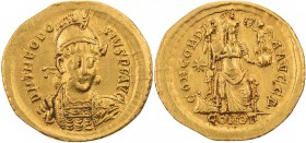 RÖMISCHE KAISERZEIT
Theodosius II., 402-450 n. Chr. AV-Solidus 408-420 n. Chr. Constantinopolis, 4. Offizin Vs.: D N THEODO-SIVS P F AVG, gepanzerte ...