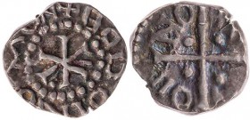 MEROWINGER
Cabilonnum (Chalon-sur-Saône), Monetar Badoinus AR-Denar 670-750 Vs.: + BADOINO MON, Kümmer-Christogramm, Rs.: + CA-BIL-ON-NO, Fußkreuz mi...
