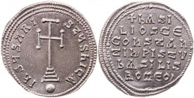 BYZANZ
Basilios I. mit Konstantinos, 868-870 AR-Miliarision Konstantinopolis Vs.: IhSUS XRI-STUS hICA, Krukenkreuz auf vier Stufen und Globus, Rs.: +...