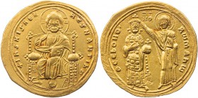 BYZANZ
Romanos III. Agyros, 1028-1034 AV-Histamenon Nomisma Konstantinopolis Vs.: Christos Pantokrator thront v. v., Rs.: Romanos in Loros mit sechs ...
