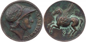 Alkibiades, 451-404 v. Chr. Bronzeguss-Medaille ohne Signatur Vs.: Kopf des Alkibiades mit korinthischem Helm (darauf Flotte im Hafen) n. r., Rs.: Peg...