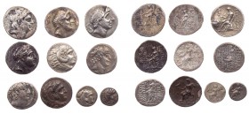 Lot, griechische Münzen AR-Prägungen hellenistischer Herrscher, darunter Tetradrachmen von Alexander III., Antiochos II., Demetrios I. Soter, Philippo...