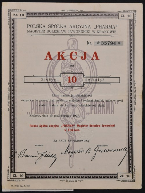 'Pharma' Polska Spółka Akcyjna Magister Bolesław Jawornicki, 10 zł 1927 Referenc...