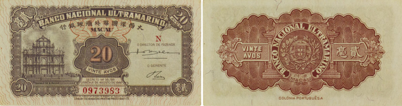 Macau. Banco Nacional Ultramarino. 20 Avos 6.8.1946. P# 37a. Uncirculated.