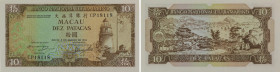 Macau. Banco Nacional Ultramarino. 10 Patacas. 08.08.1981. Serial number CP18118. P# 59. Uncirculated.
