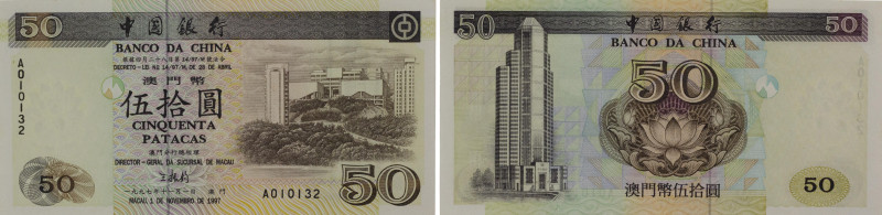 Macau. Bank of China. 50 Patacas. 01.11.1997. Serial number A010132. P#92. Uncir...