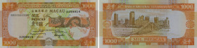 Macau. Banco Nacional Ultramarino. 1.000 Patacas. 08.08.1988. Serial number AA88814. P#63. Uncirculated.