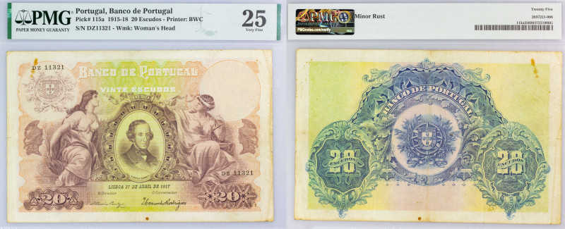 Portugal. 20 Escudos 27.04.1917. Almeida Garrett. P# 115a. PMG Very Fine 25. Rar...