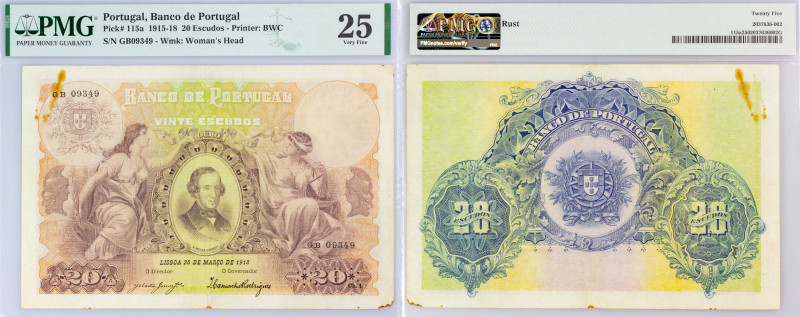Portugal. 20 Escudos 26.03.1918. Almeida Garrett. P# 115a. PMG Very Fine 25. Rar...