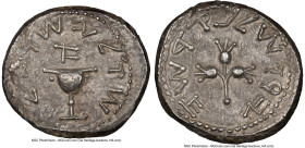 JUDAEA. Jewish War (AD 66-70). AR shekel (25mm, 13.84 gm, 11h). NGC Choice AU 4/5 - 4/5. Jerusalem, dated Year 1 (May (or later) AD 66-March AD 67). S...