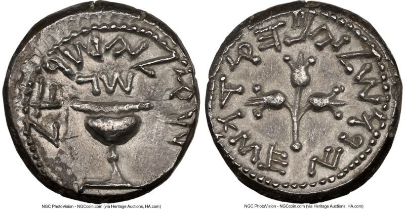 JUDAEA. Jewish War (AD 66-70). AR shekel (23mm, 13.79 gm, 12h). NGC AU 4/5 - 4/5...