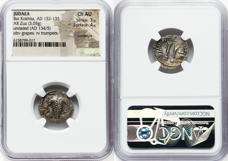 JUDAEA. Bar Kokhba Revolt (AD 132-135). AR zuz (18mm, 3.05 gm, 7h). NGC Choice A...