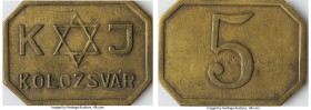 Kolozsvár (Cluj) brass "5" Token ND (c. 1920-1945) AU, 22mm. 2.72gm. A neat little octagonal brass Jeton with a prominent Star of David symbol. HID098...