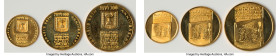 Republic 3-Piece Uncertified gold "Israel's 25th Independence Anniversary" Set 1973 UNC, 1) 200 Lirot, KM74 2) 100 Lirot, KM73 3) 50 Lirot, KM72 Accom...