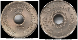 British Mandate 10 Mils 1937 MS64 NGC, KM4. Accompanied by collector's tag. A subtle cartwheel luster highlights the veil of champagne toning. HID0980...