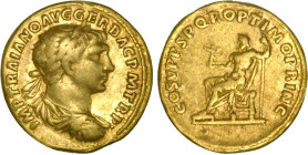 TRAJAN (98-117)
Aureus : Jupiter assis à gauche, tenant une Victoire & un sceptre
 - TTB 35 (TTB)
Rare !


CO 62v, RIC 113v, Cal 994a
ROME - OR...