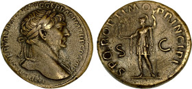 TRAJAN (98-117)
Sesterce : Rome nicéphore casquée debout à gauche, tenant une Victoire & une haste renversée
 - TTB 40 (TTB+)


Ex CGB Monnaies 5...