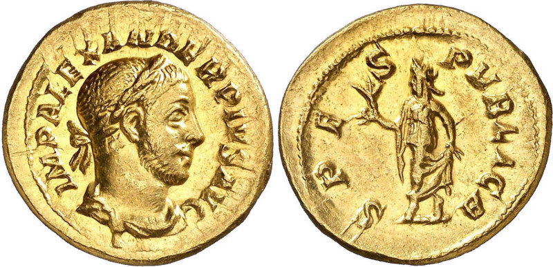 ALEXANDRE SÉVÈRE (222-235)
Aureus : L'Espérance marchant à gauche, tenant une f...