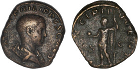 PHILIPPE fils - César (244-247)
Sesterce : Philippe debout à gauche, tenant un globe & se reposant sur une haste
 - TTB 35 (TTB)
flan étroit


S...