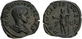 PHILIPPE fils - César (244-247)
Sesterce : Philippe debout à gauche, tenant un globe & se reposant sur une haste
 - SUP 53 (SUP-)
Rare en l'état !...