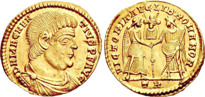 MAGNENCE (350-353)
Solidus: La Victoire & la Liberté debout face à face, tenant...