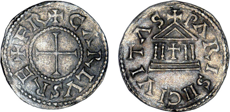CHARLES le chauve (840-877)
Paris : Denier au temple
 - TTB 45 (TTB++)
Très R...