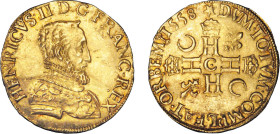 HENRI II (1547-1559)
Henri d'or, 1er type, variété cuirasse damasquinée
1558 C - SUP 53 (SUP-)
Rarissime !! - Forest

D 972a, Fr# 368
SAINT-LÔ -...