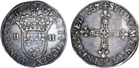 HENRI III (1574-1589)
1/4 d'écu, écu de face
1587 G - TTB 40 (TTB+)
Très Rare !!


D 1133a
POITIERS - ARGENT - 9,65g
 ------------------------...