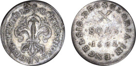 LOUIS XIV le Grand (1643-1715)
X sols de Strasbourg
1682 - TTB 30 (TTB-)
Rarissime !!!


DR 442, D 1596, GR 129, B 1354, KM# 248
 - ARGENT - 6,...