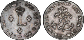 LOUIS XV le Bien aimé (1715-1774)
Double sol (2 sous), en billon
1740 W - TTB 45 (TTB++)
Rare ! - léger coup


DR 568, D 1690, GR 281, KM# 500
...