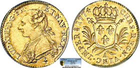 LOUIS XVI (1774-1792/93)
Louis d'or aux palmes
1774 A - SUP 55 (SUP)
Rarissime !!! - PCGS AU53
Avec une frappe parfaite, son brillant d'origine et...