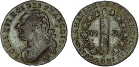 PÉRIODE RÉVOLUTIONNAIRE
12 DENIERS type "FRANÇOIS"
1792 Q - TTB 40 (TTB+)
MDC, 1er sem., canon


G 15, R 34, KM# 600
PERPIGNAN - MDC - 11,01g
...